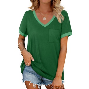 100% Cotton Solid Color Plus Size <b>Women's</b> V-Neck Summer T-Shirt with Casual Short Sleeve Knitted Premium Eco-Friendly Breathable - Product Image 1
