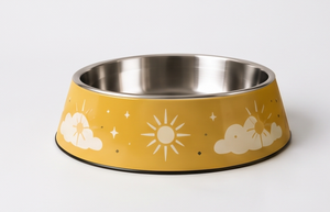OEM Tazón para perros de acero inoxidable con esmalte amarillo, base antideslizante, diseño Sol y Nube, para comida y agua de mascotas, venta al por mayor - Product Image 5