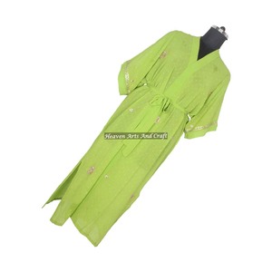 KL015 Kimono long abstrait pour femme en soie mélangée, style sari vintage, séchage rapide, longueur ajustable, automne-hiver - Product Image 4