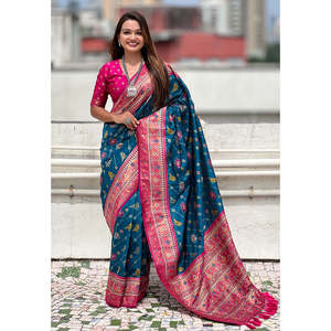 Sari Patola Leheriya en soie douce tissée avec des fils Zari, bleu denim avec des tissages contrastés, 700g, pour robe de soirée - Product Image 5