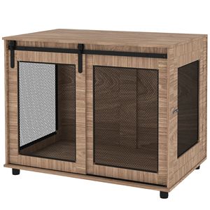 39\" Walnut Brown Dog <b>Crate</b> Furniture XL Classic Rectangular Style Kennel End Table with Sliding Barn Door for Large Dogs - Product Image 1