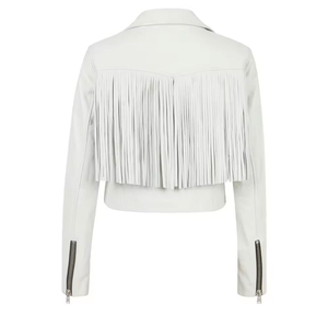Blouson moto en similicuir blanc avec détails à pampilles, fermeture éclair, col cranté, coupe courte, vêtement d'extérieur décontracté pour femme - Product Image 6