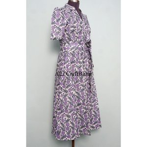 Robe midi florale Kangura pour femme, 100 % coton écologique, style Kangura, col en V, manches courtes, boutons décoratifs, lavable. - Product Image 5