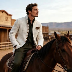 Blazer décontracté blanc pour homme à col mandarin - Coupe ajustée - Veste d'automne avec boutons dorés coupe-vent - Product Image 4