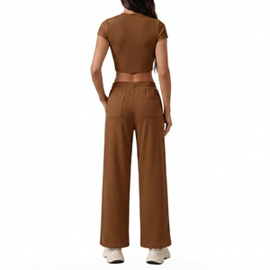Women's Yoga <b>Set</b> Crew Neck Ribbed Short Sleeve Crop Top Wide Leg Pants <b>Two</b> <b>Piece</b> Tracksuit Casual Brown <b>Lounge</b> <b>Set</b> Quick Dry - Product Image 2