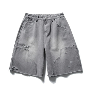 Shorts cargo en jean gris tendance pour homme, taille haute, déchirés, style décontracté d'été, en coton respirant tissé - Product Image 6