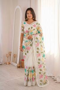 Sari en coton blanc brodé de fleurs avec bordure en dentelle, tenue traditionnelle indienne pour femmes, style décontracté, toutes saisons - Product Image 1