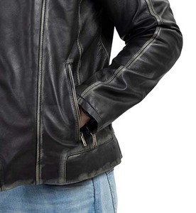 <b>Men's</b> Genuine <b>Leather</b> Moto <b>Jacket</b> with Zipper Closure Stand Collar Vintage Style Embroidered Canvas Autumn Regular Fit - Product Image 2