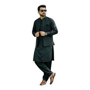 Ensemble de vêtements pour hommes en 3 pièces avec gilet Kurta, style traditionnel indien pakistanais, noir, longueur cheville, coupe régulière, vêtements décontractés - Product Image 6