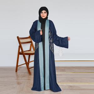Abaya de Lino con Frente Abierto, Bordado con Lentejuelas, Diseño de Paneles en Contraste, Elegante, Modesto, para Eid y Ramadán, Estilo Lujoso, Holgado y Largo hasta el Suelo - Product Image 2