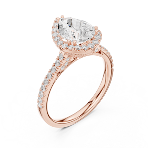 Bague de fiançailles élégante en acier inoxydable Art Déco avec halo de pierres, moissanite taille poire et pierres latérales, finition or rose pour femme - Product Image 4