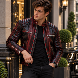<b>Men's</b> <b>Red</b> Black Snake-Embossed Genuine <b>Leather</b> Cow Skin Winter Stand Breathable Vintage Streetwear Biker Motorcycle <b>Jacket</b> - Product Image 3