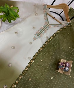 Ensemble pantalon palazzo brodé ombré blanc et vert pour femme, coupe ample, style décontracté Inde Pakistan 86389 SWAROOP-ST-1198 - Product Image 4