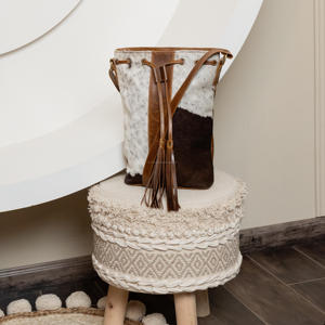 กระเป๋าทรงถังหนังวัวแท้ทำด้วยมือกระเป๋าโบฮีเมียนหนังแท้กระเป๋าถือแบบตะวันตกมีเชือกรูดสำหรับผู้หญิง - Product Image 4