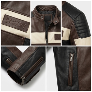 Chaqueta de Cuero Genuino para Hombre, Color Marrón, Negro y Crema, con Rayas, Personalizada, OEM, ODM, con Hombros Acolchados, Estilo Motero, Proveedor de Ropa al por Mayor - Product Image 6