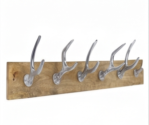 Premium Rustic Wooden Wall Mount <b>Hook</b> Rack With Silver Antler <b>Hooks</b> For Clothing Storage Organization Stylish Home Decor - Product Image 1