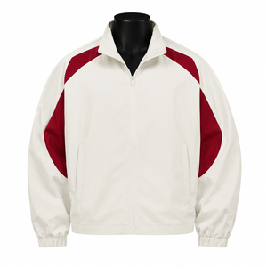 Chaqueta Deportiva Unisex Blanca y Roja, Ecológica, Impermeable, Cortavientos, de Lona, con Cuello Alto y Cierre de Cremallera - Product Image 1