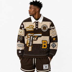 T-shirt à manches longues pour homme READY TO WIN INDUSTRIES, style streetwear, patchwork brodé, marron beige, bordure contrastée, coupe classique - Product Image 6