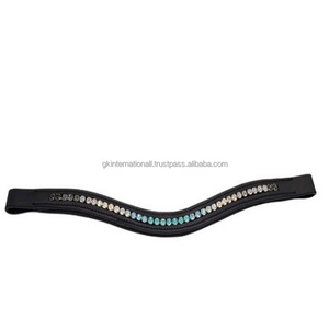 Bracelet équitation en cuir véritable cheval, haute qualité, noir, avec chaîne en cristal transparent - Product Image 1