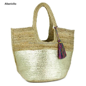 Sac à main en Jute tressé imprimé avec pompon en coton pour femme, sacoche de fête fait main, de Design doré, - Product Image 1