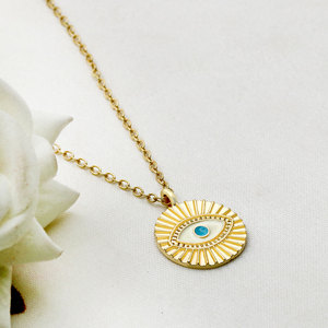 Collier Pendentif Œil Turc Soleil Plaqué Or en Argent Sterling 925 avec Émail Blanc et Chaîne Câble, Bijoux en Gros - Product Image 4