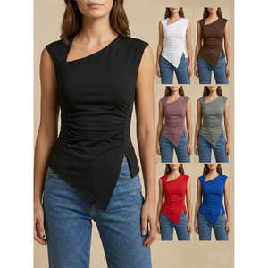 Top sin mangas asimétrico liso de verano para mujer con cuello esculpido, tela elástica suave, hecho en India, estilo casual moderno para la noche. - Product Image 5