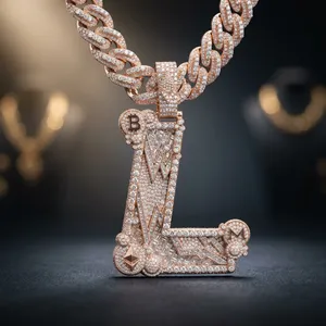 Collier chaîne avec pendentif lettre L au design unique, style Hip Hop, plaqué or rose, pavé de diamants de laboratoire, pour homme, idéal pour les soirées - Product Image 1
