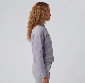 Chaqueta vaquera corta de mezclilla lavada para mujer con cuello alto y manga larga con botones - Product Image 3