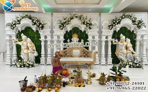 Traditional Tamil Wedding Kalyanam Stage Decor Ornate White & <b>Gold</b> <b>Backdrop</b> Panels Buy Classic Palace-Style Wedding Stage Setup - Product Image 2