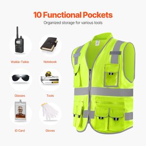 Gilet di Sicurezza Giallo Alta Visibilità con 10 Tasche, Strisce Riflettenti e Chiusura a Cerniera Frontale, Abbigliamento da Lavoro per Edilizia - Product Image 3