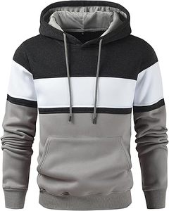 Sweat-shirt à capuche pour homme, manches longues, style décontracté, automne, avec cordon de serrage, design patchwork beige, orange, noir - Product Image 4