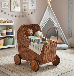 Carrito de Mimbre Tejido a Mano con Ruedas de Madera, Cesta de Juguete para Bebé, Cesta Decorativa para Guardar Objetos en la Habitación Infantil, Guardería - Product Image 4