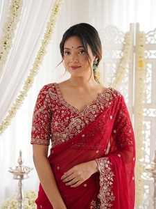 AARA Fashion <b>Red</b> Embroidered Silk Saree <b>Blouse</b> for Women Wedding Traditional Indian/Pakistani Wear Floor Length Regular Fit Sun - Product Image 2