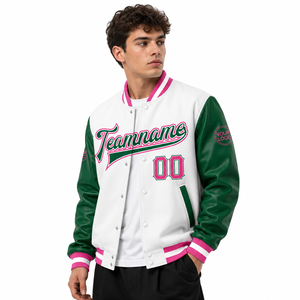 Men's Varsity <b>Jacket</b> White Green <b>Pink</b> Letterman <b>Jacket</b> with Custom Team Logo Contrast Sleeves OEM Wholesale Manufacturer - Product Image 2