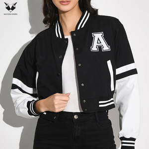 Customized Made New Arrival Women Varsity <b>Jacket</b> Black <b>White</b> Letter A Embroidered Front Full Sleeve Turn-Down Collar Autumn - Product Image 4
