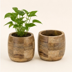 Maceta Redonda de Madera de Mango Hecha a Mano, Diseño a Cuadros Ecológico, Maceta para Escritorio, Decoración del Hogar y Hoteles, Soporte de Madera para Plantas - Product Image 3