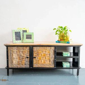 Industrial Mango Wood TV Stand Side Cabinet Storage <b>Console</b> <b>Table</b> with Iron Frame <b>for</b> Living Room Farmhouse Home - Product Image 3