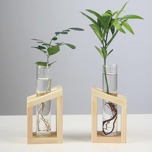 Maceta Moderna de Vidrio Estilo Art Deco con Base de Madera, Florero Hidropónico de Alta Calidad para Decoración de Plantas Verdes en Hogar u Oficina - Product Image 1