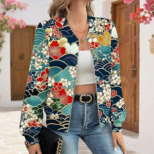 Floral Print Sheep Skin Bomber <b>Jacket</b> Casual Vintage Single Button <b>Lightweight</b> Coat Stylish Everyday Fashion Comfortable <b>Ladies</b> - Product Image 5