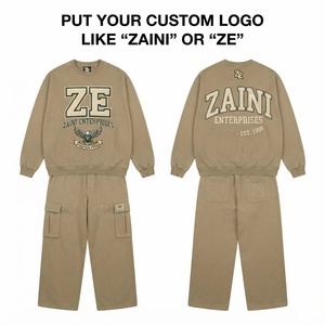 Ensemble de survêtement pour homme de qualité supérieure, en molleton de coton 350 GSM, avec logo personnalisé imprimé à l'écran, beige kaki, sweat-shirt à capuche et pantalon cargo - Product Image 1