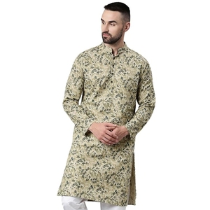 Kurta Larga para Hombre, Corte Regular, Cuello Mandarín, Estampado con Motivos Étnicos, Algodón - Product Image 1