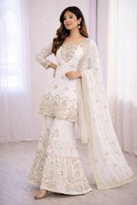White Embroidered Silk Sharara <b>Suit</b> With Dupatta Floor-Length Traditional <b>Wedding</b> Outfit <b>Women's</b> Loose Fit <b>Dress</b> - Product Image 2
