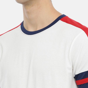 Camiseta de Manga Corta para Hombre, Cuello Redondo, Blanca, Roja y Azul Marino, con Ribete en Contraste, Bloques de Color, Corte Regular Informal, Tejida, 100% Algodón - Product Image 6