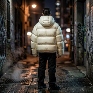 Blouson matelassé blanc à capuche pour homme, en polyester épais, imperméable, avec patchwork et motif lettres, vêtement d'extérieur décontracté d'hiver, coupe-vent - Product Image 6