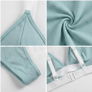 Ensemble de bikini côtelé bleu clair pour femme NORTH APPROACH avec soutien-gorge triangle et bas de bikini string à bordure contrastante blanche - Product Image 4