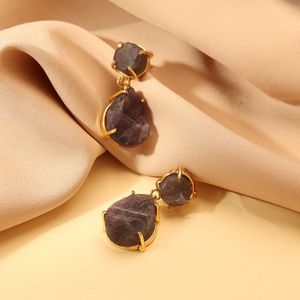 Boucles d'oreilles pendantes personnalisées en améthyste plaquée or, alliage de zinc, pierre naturelle, forme goutte d'eau, style vintage pour femmes - Product Image 2
