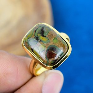 Bague en pierre précieuse de jaspe naturel en forme de coussin, faite à la main, plaquée or 18 carats sur argent sterling 925 - Product Image 1