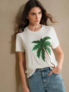 Luxury Beaded Tassel Short Cotton Beaded T-shirt Embroidered Women Double-Sided Movable Bead Fashionable T Shirt - Product Image 4