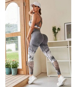Black White Printed Racerback Crop <b>Top</b> High Waist Leggings 2 Piece Yoga Set Full Length <b>Mesh</b> Detail Spandex Polyester - Product Image 4