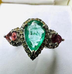 Vintage 925 <b>Silver</b> Brilliant Cut <b>Emerald</b> Cocktail <b>Ring</b> Pink Gemstones Prong Setting Rhodium Plated Minimalist Women's Jewelry - Product Image 3